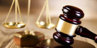 Wooden gavel and scales of justice on table