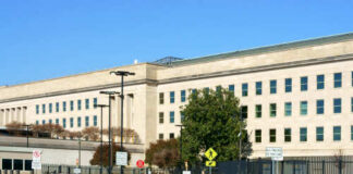Exterior view of the Pentagon building with clear blue sky