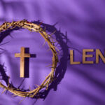 Crown of thorns and wooden cross with the word 'LENT' on a purple background
