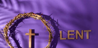 Crown of thorns and wooden cross with the word 'LENT' on a purple background
