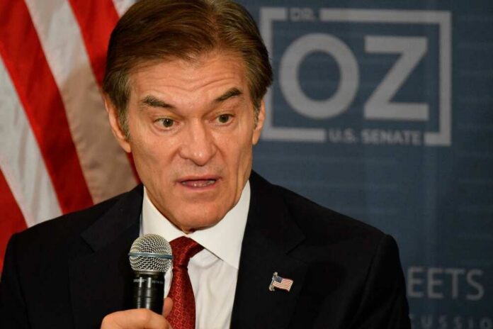 A man speaking into a microphone with an American flag pin on his suit