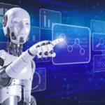 A humanoid robot interacting with a digital interface displaying data