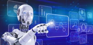 A humanoid robot interacting with a digital interface displaying data