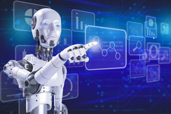 A humanoid robot interacting with a digital interface displaying data