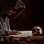 Digital Occultism – Vatican Raises the Alarm A hooded figure reading an ancient book in a dimly lit room with a skull and candle