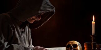 A hooded figure reading an ancient book in a dimly lit room with a skull and candle