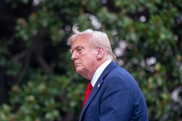 Profile view of a man in formal attire with a light-colored suit and red tie against a green background