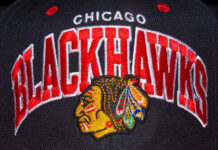 Close-up of a Chicago Blackhawks baseball cap featuring the team logo