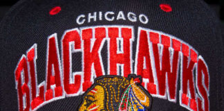 Close-up of a Chicago Blackhawks baseball cap featuring the team logo