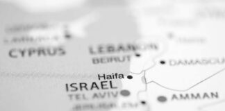 Close-up of a map highlighting Haifa in Israel