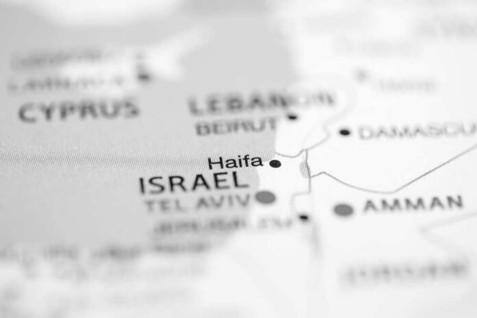 Close-up of a map highlighting Haifa in Israel