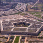 Aerial view of the Pentagon surrounded by roads and parking lots