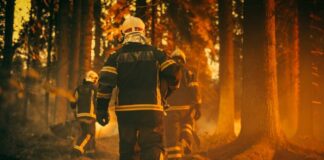 Firefighters walking through a smoky forest during a wildfire