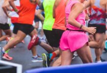 Runners in colorful athletic wear participating in a race