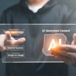 Person holding a transparent digital display showing AI content generation options