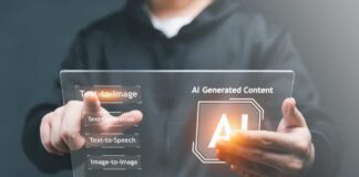 Person holding a transparent digital display showing AI content generation options