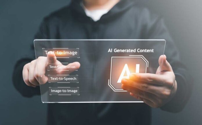 Person holding a transparent digital display showing AI content generation options