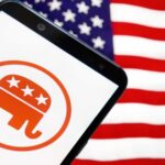 Smartphone displaying the Republican Party logo in front of an American flag