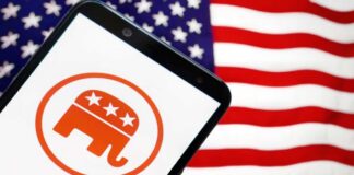 Smartphone displaying the Republican Party logo in front of an American flag