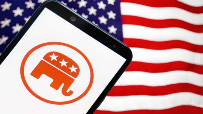 Smartphone displaying the Republican Party logo in front of an American flag