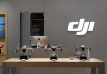 Display of DJI drones in a technology store
