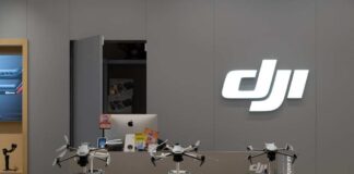 Display of DJI drones in a technology store
