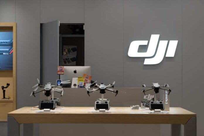 Display of DJI drones in a technology store