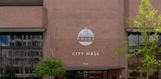 Exterior view of Boise City Hall with signage
