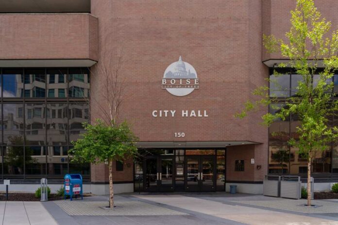 shutterstock_2564889863.jpg Exterior view of Boise City Hall with signage
