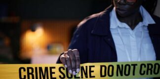 Police officer holding crime scene tape