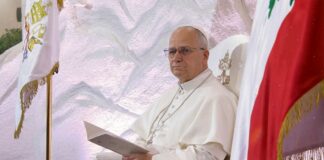 Pope seated in a ceremonial chair with flags in the background