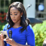 A journalist in a blue dress checking her smartphone at an outdoor press conference