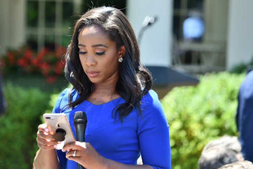 A journalist in a blue dress checking her smartphone at an outdoor press conference