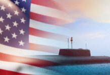 A submarine partially submerged in the ocean with an American flag overlay