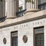 Facade of the Department of the Treasury with columns and engraved text