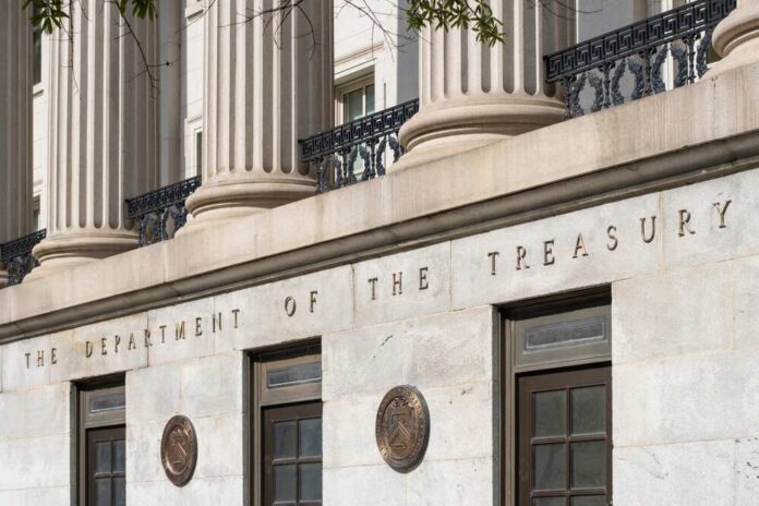 Washington,,Dc,,Usa,-,June,24,,2022:,Exterior,View,Of Facade of the Department of the Treasury with columns and engraved text