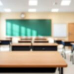 Empty classroom with desks, a green chalkboard, and natural light
