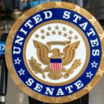 United States Senate seal on a podium