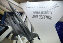 Model airplanes on display with Lockheed Martin branding