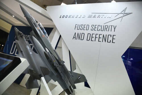 Model airplanes on display with Lockheed Martin branding