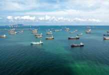 Aerial view of numerous cargo ships anchored in a blue ocean