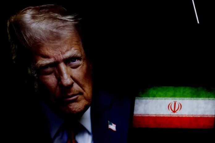 President,Of,The,United,States,Donald,Trump,In,The,Background, Close-up portrait of a man with a serious expression, with the Iranian flag in the background