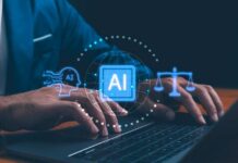 Person typing on a laptop with AI and legal symbols displayed