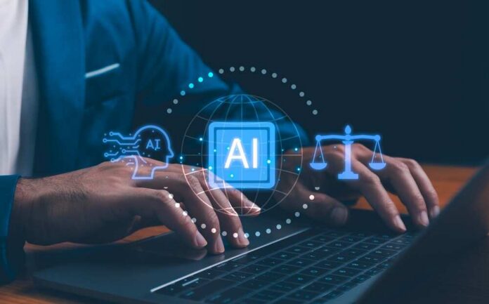 Ai,Ethics,,Integrating,Ai,And,Law.,A,Professional,Works,On Person typing on a laptop with AI and legal symbols displayed