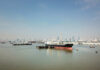 Cargo ships docked in a harbor with a city skyline in the background