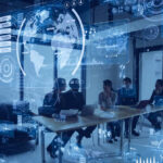 Business team in conference room with digital data overlays
