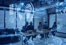 Business team in conference room with digital data overlays