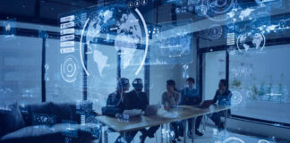 Business team in conference room with digital data overlays