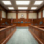 Blurred view of a courtroom with wooden furnishings