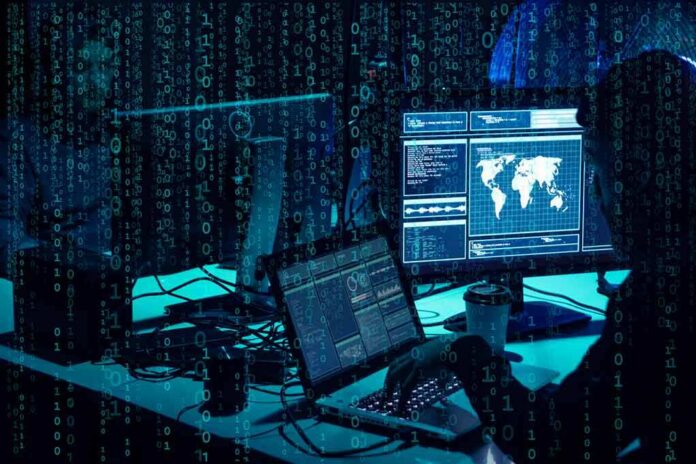 cybersecurity analysts at workstations with code and world map on screens